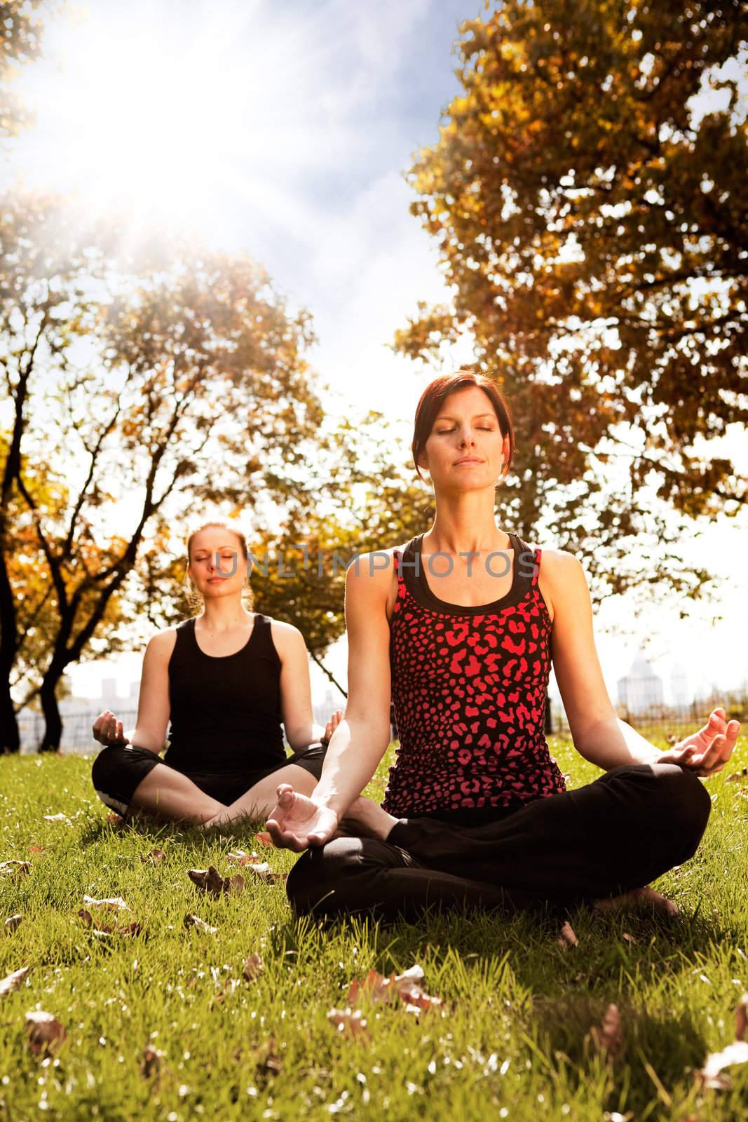 A group of people meditating in a city park 