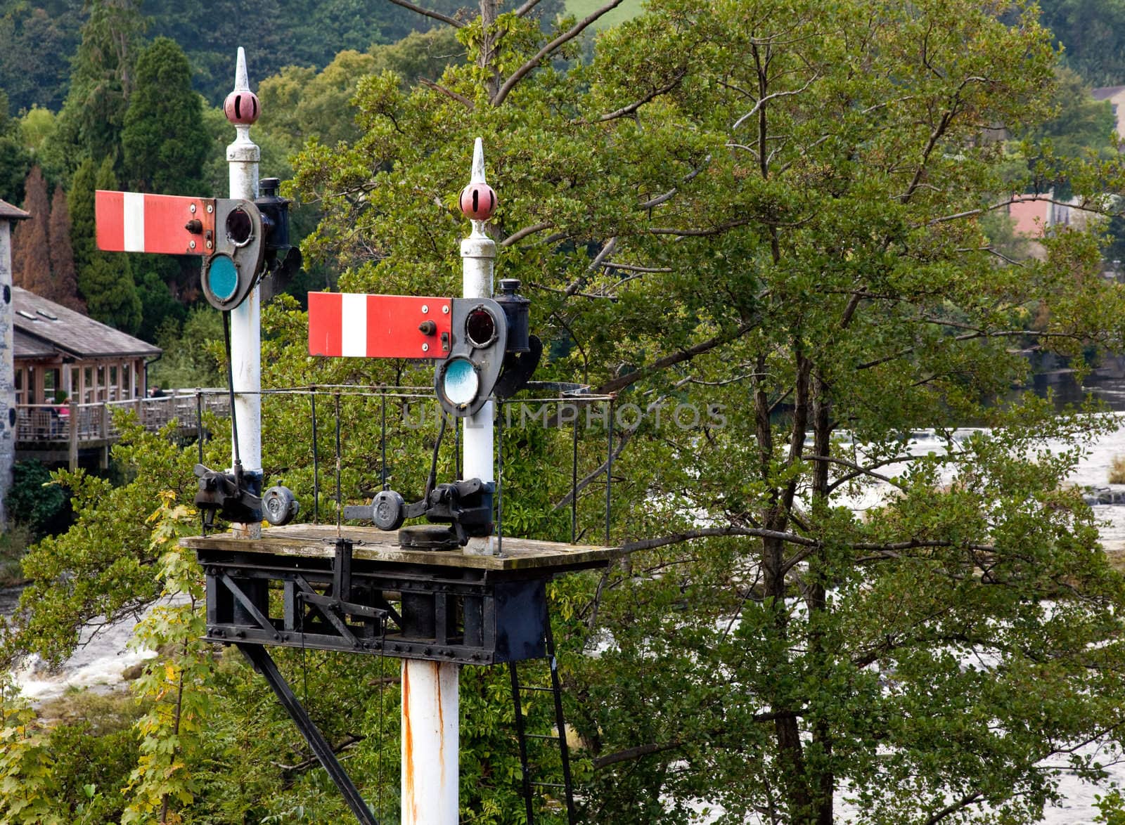 Railway signals at stop using the obselete semaphone system in Llangollen in Wales