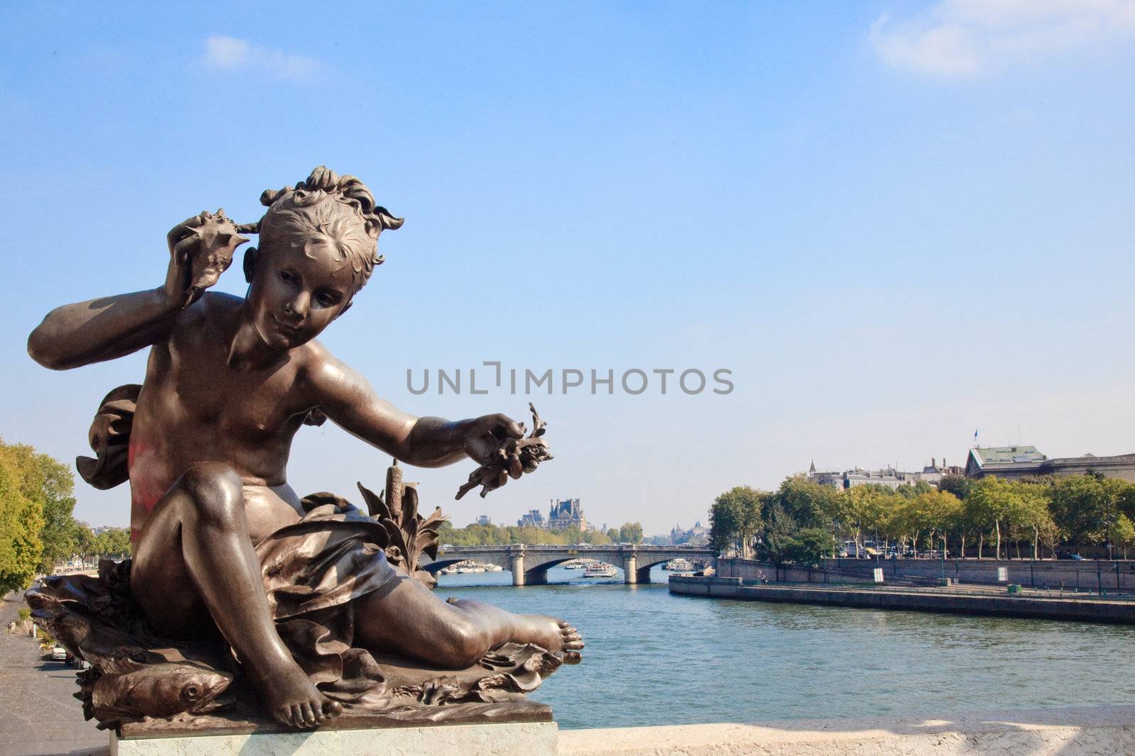 Small child statue frames view of Seine and Paris by steheap