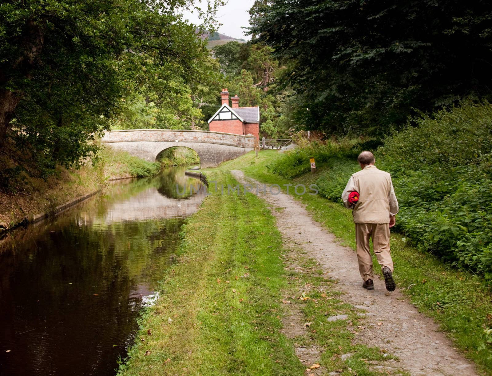 Hiker walking along canal in Shropshire by steheap