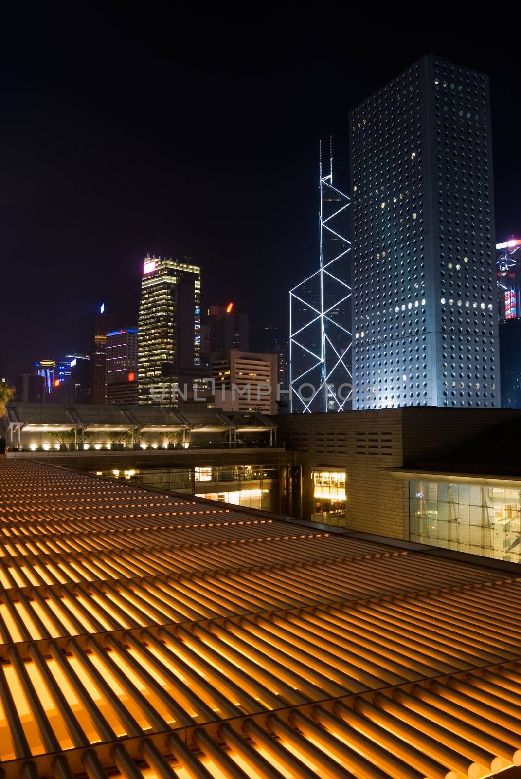 Beautiful night scenes of skyscrapers in Hong Kong.