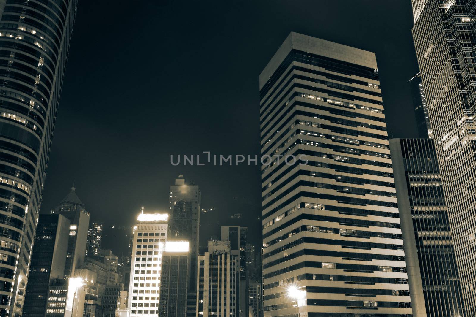 Beautiful night scenes of skyscrapers in Hong Kong.