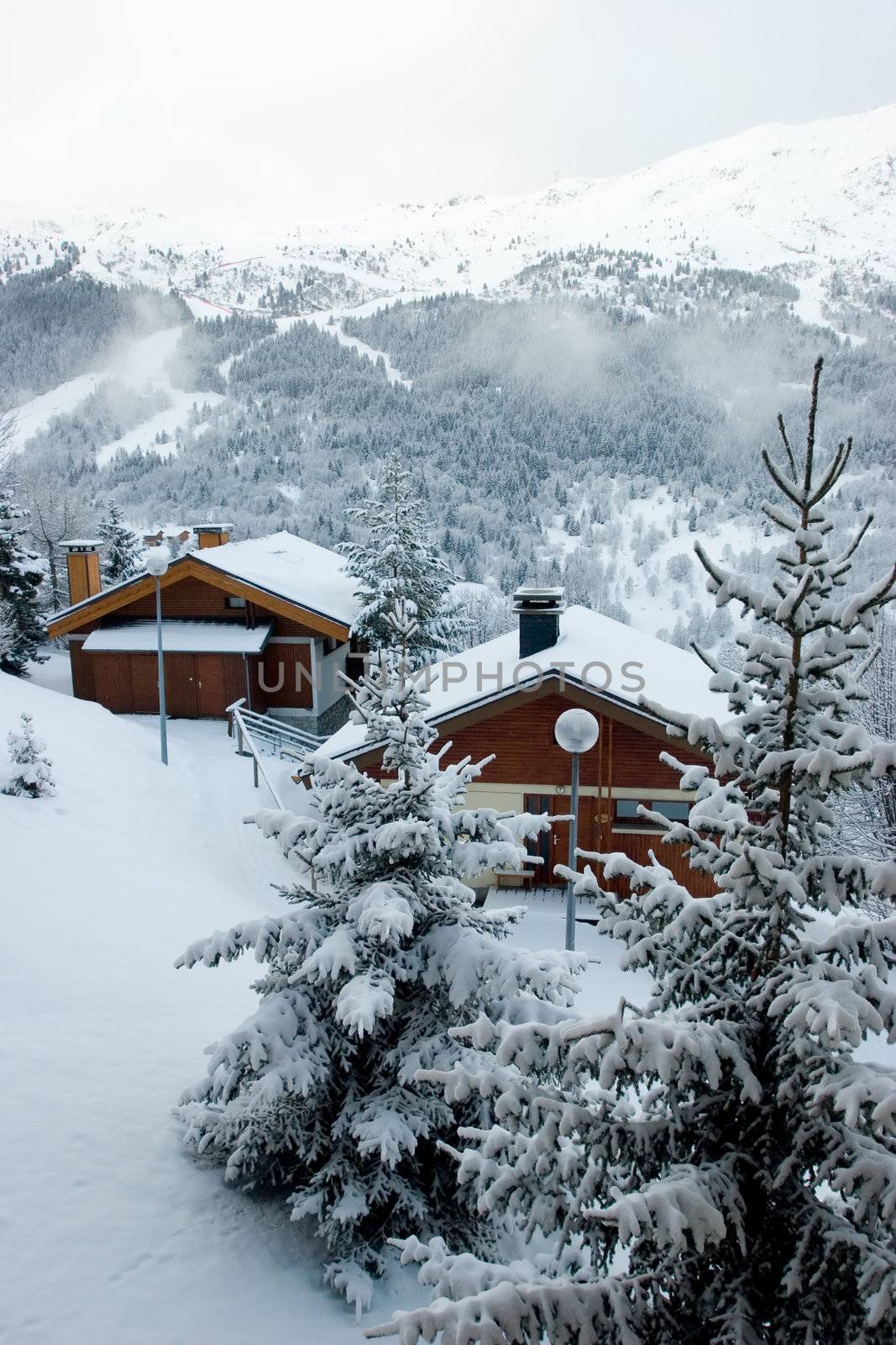 Ski resort Chalet after snow storm