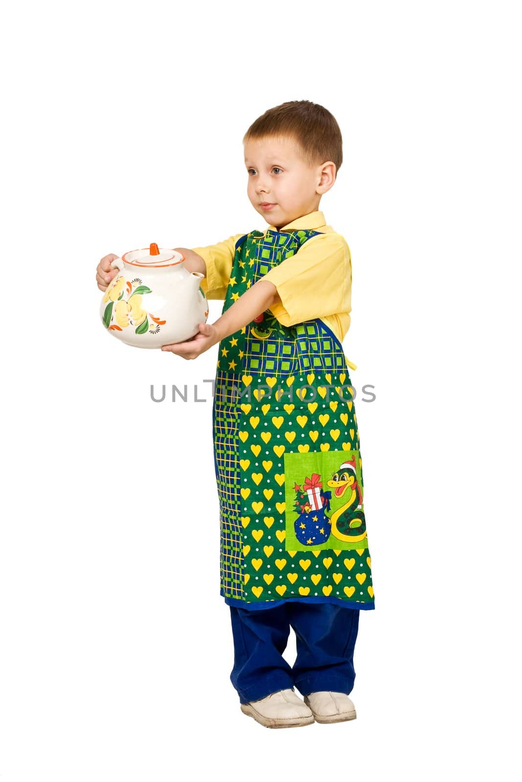 portret of little boy with big teapot and apron