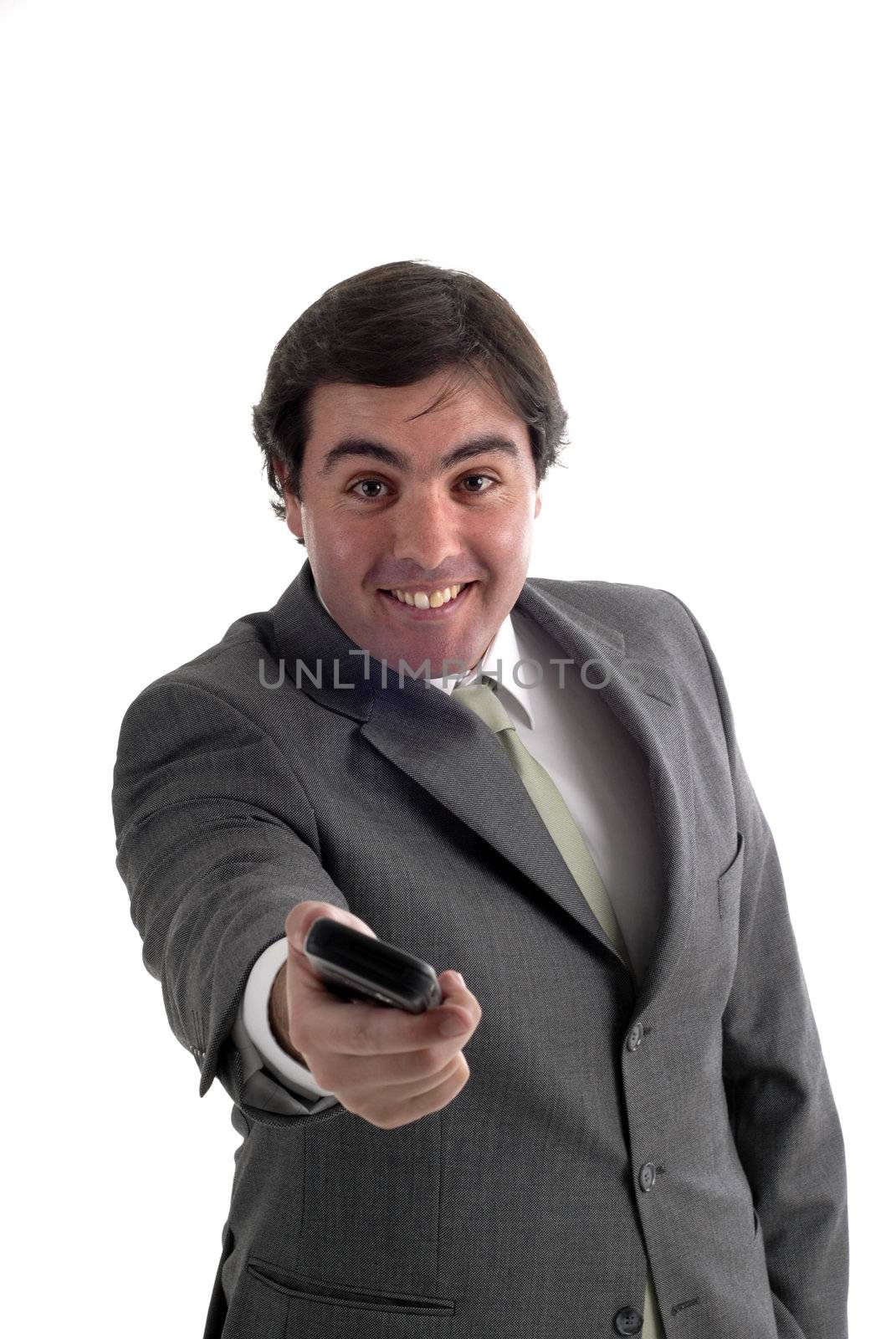 young man with a phone in white background