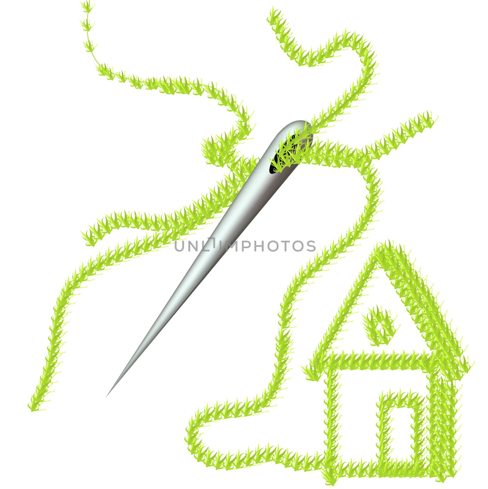 Huge bright  needle sewing house with green plants