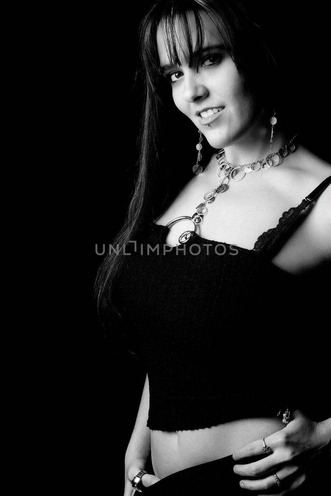 Black and white portrait of a twenty something fashion model