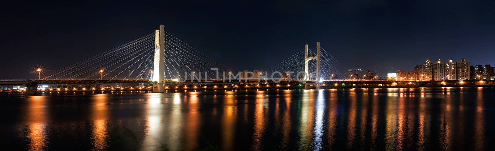 Dramatic panoramic city night scene of bridge in Taipei.