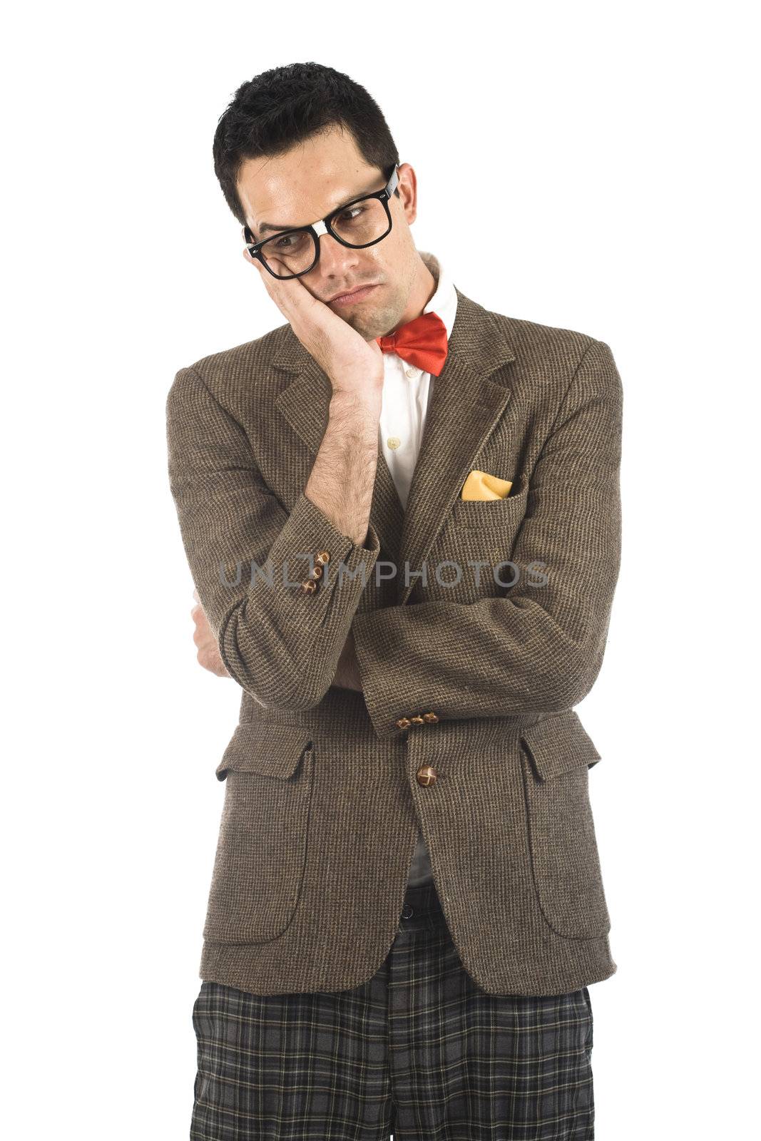 A young, caucasian nerd, isolated on a white background.