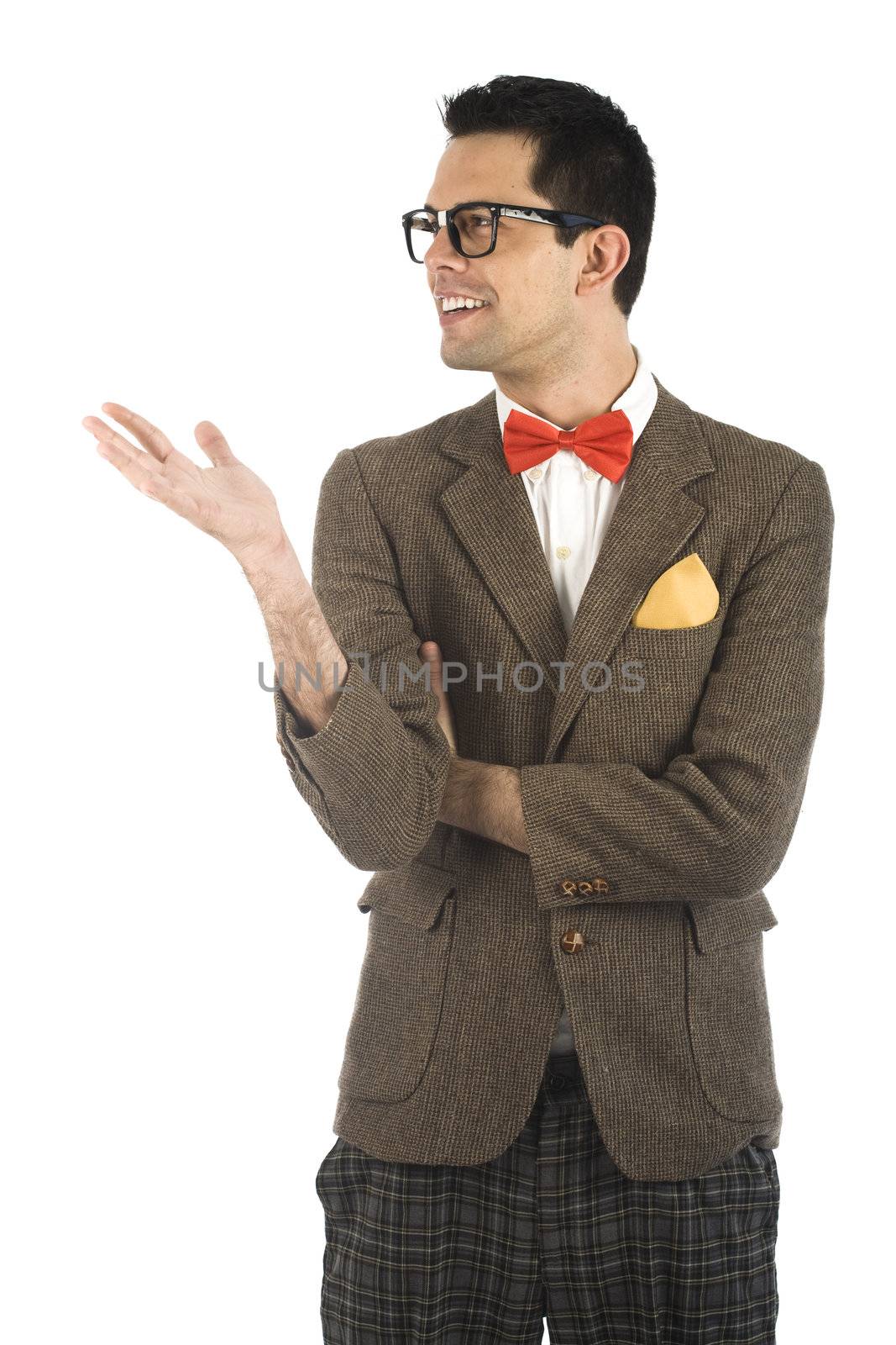 A young, caucasian nerd, isolated on a white background.