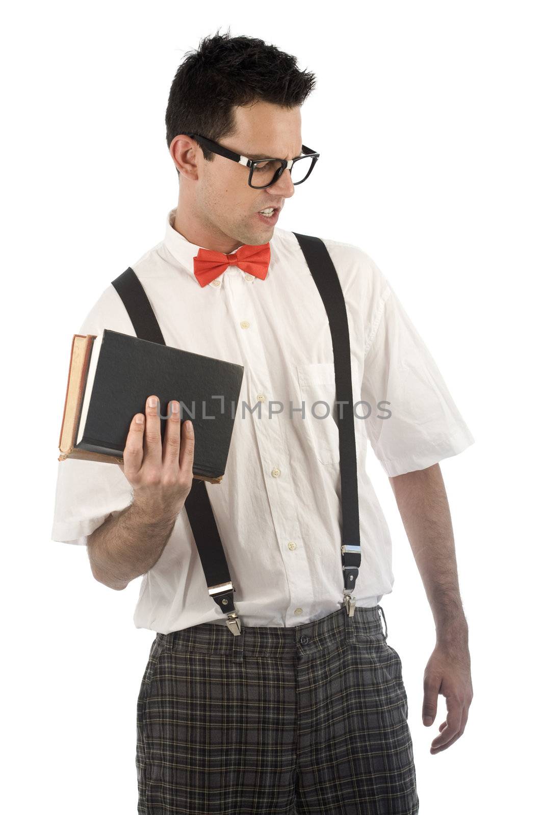 A young, caucasian nerd working out with books, isolated on a white background.