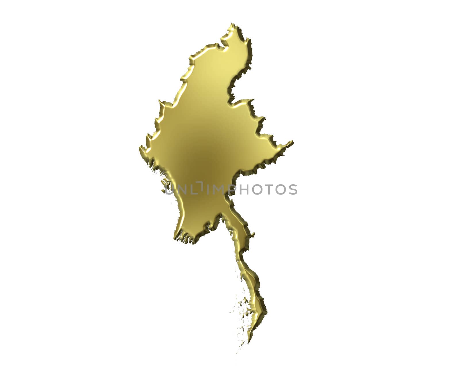 Myanmar 3d golden map isolated in white