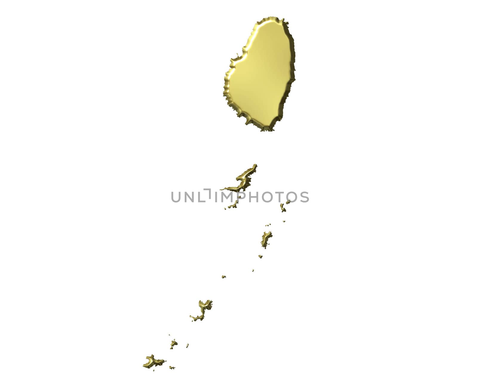 Saint Vincent and the Grenadines 3d golden map isolated in white
