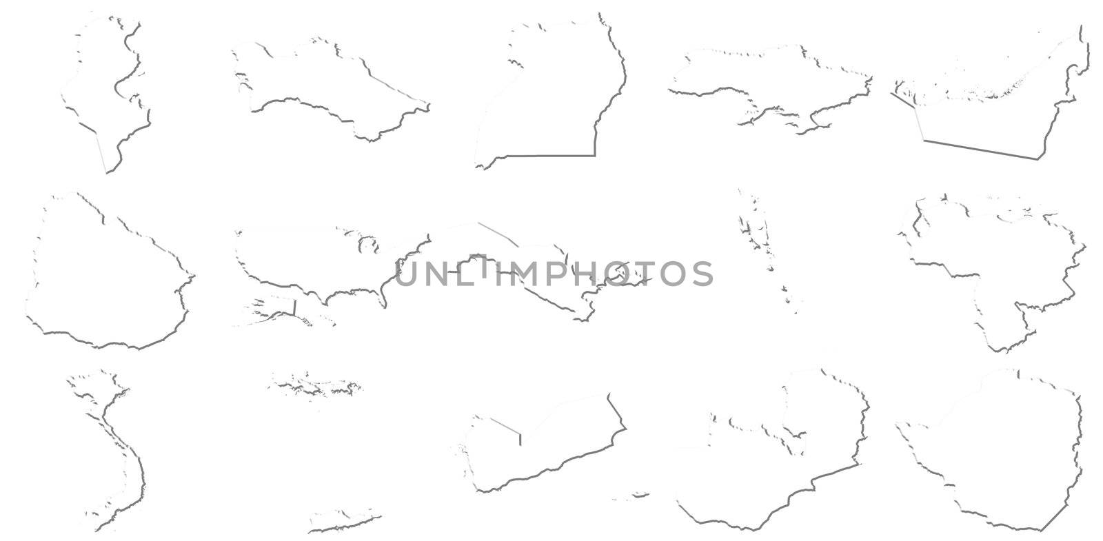 Tunisia-Zimbabwe 3D White Maps isolated in white
