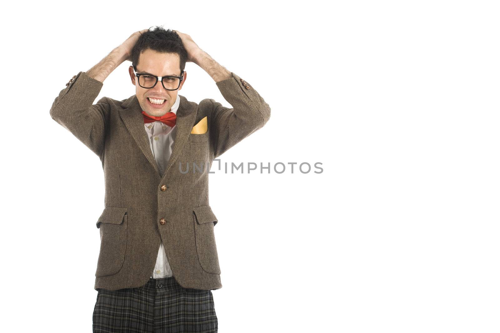 A young, caucasian nerd, worried, isolated on a white background.