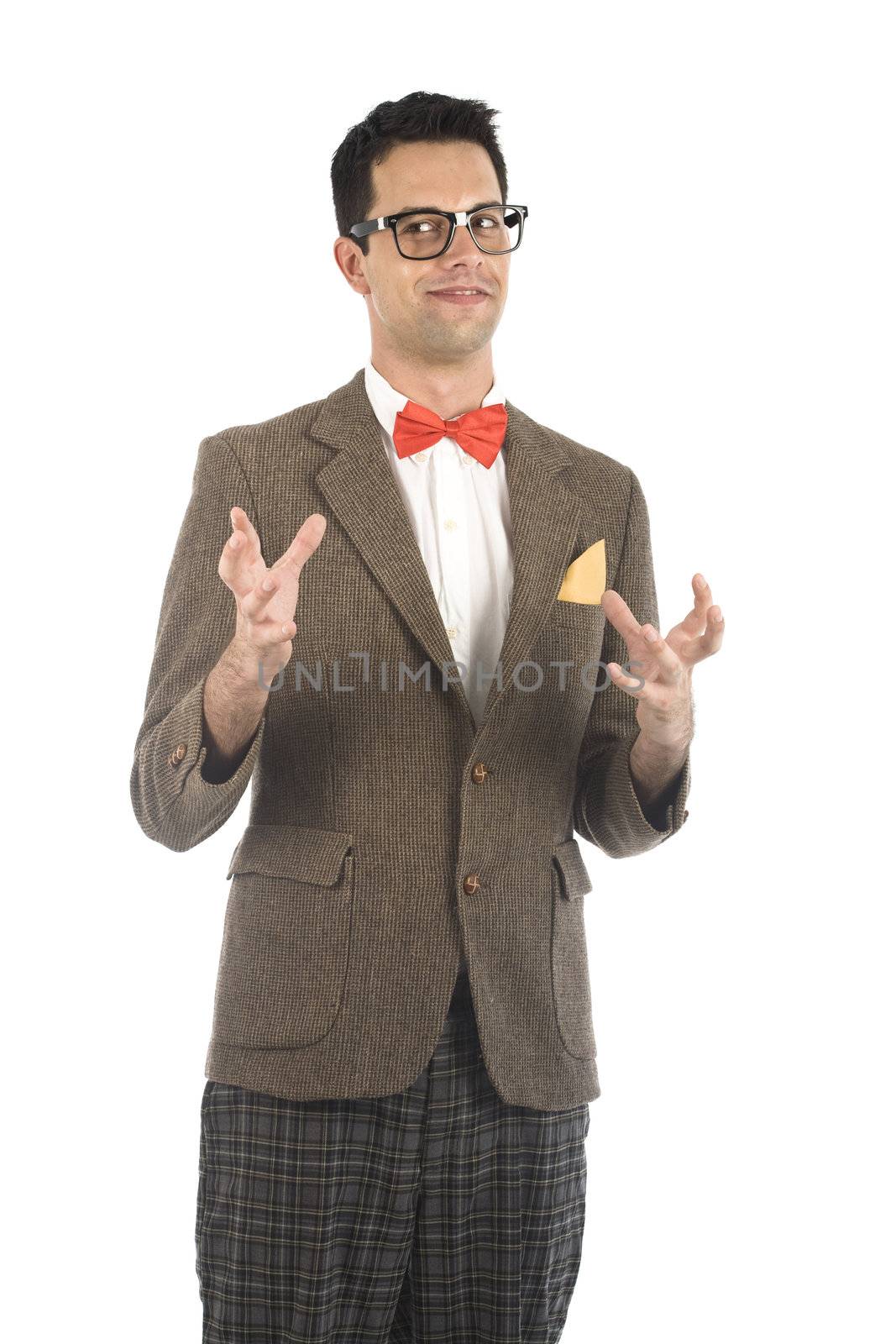 A young, caucasian nerd, isolated on a white background.