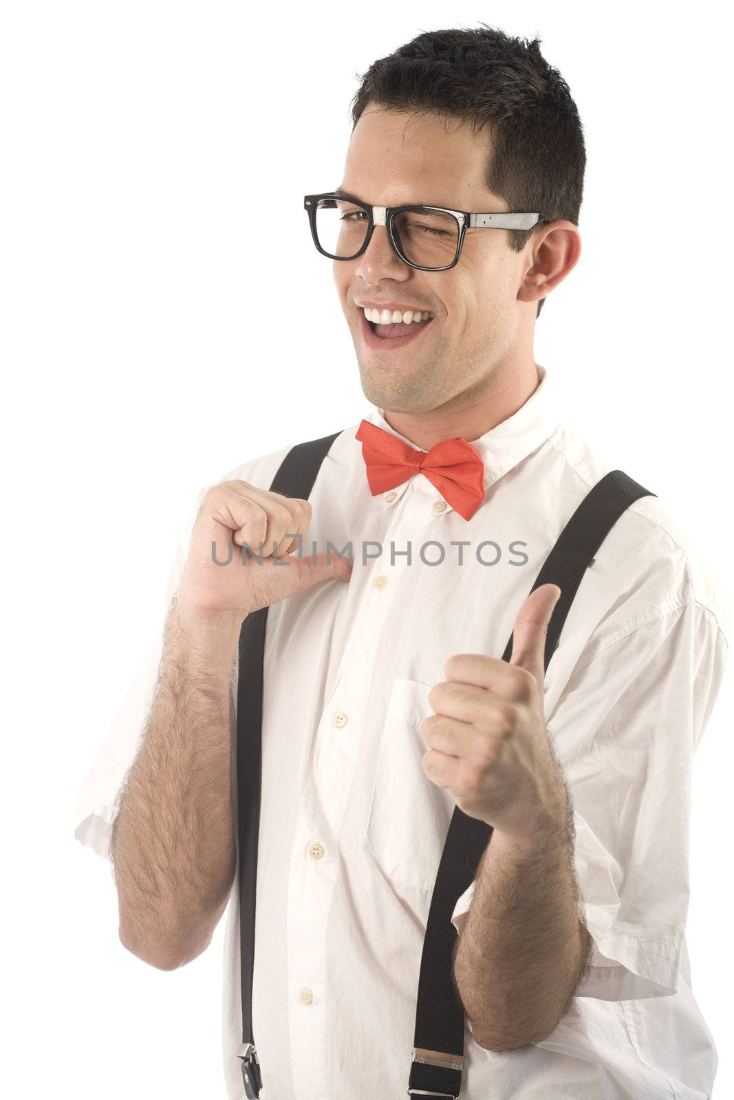 A young, caucasian nerd, with thumbs-up, isolated on a white background.