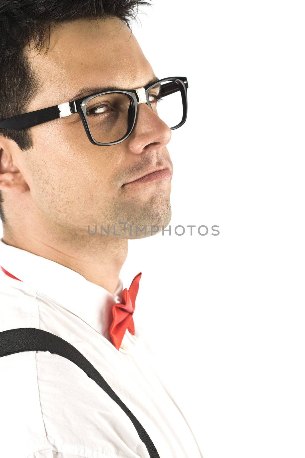 A young, caucasian nerd, close-up, isolated on a white background.