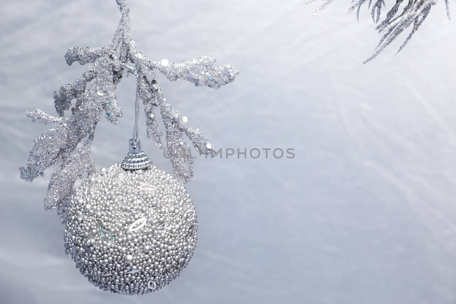 Silver christmas baubles and decorations