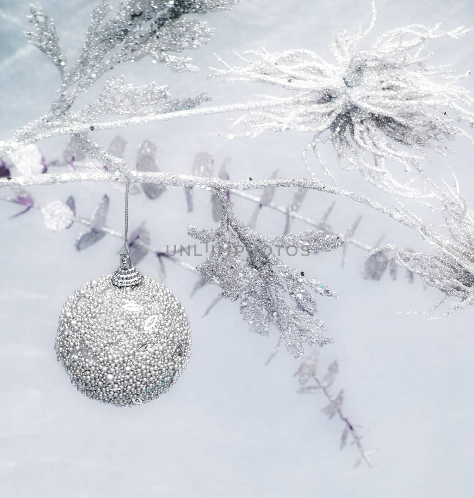 Silver christmas baubles and decorations
