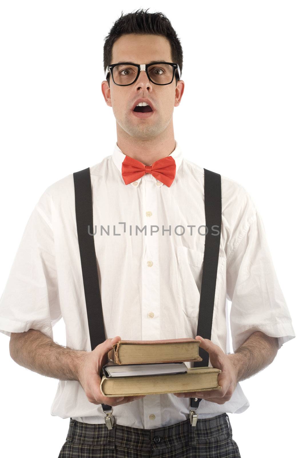 A young, caucasian nerd, isolated on a white background.