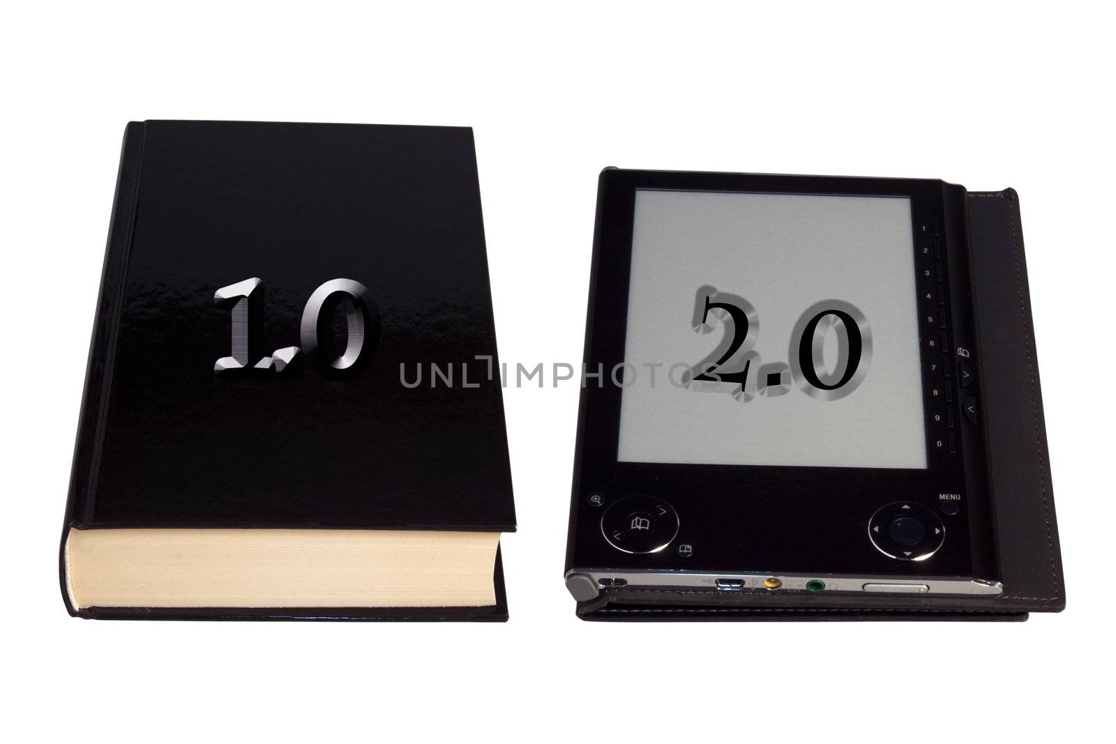 A book and an eBook reader over white