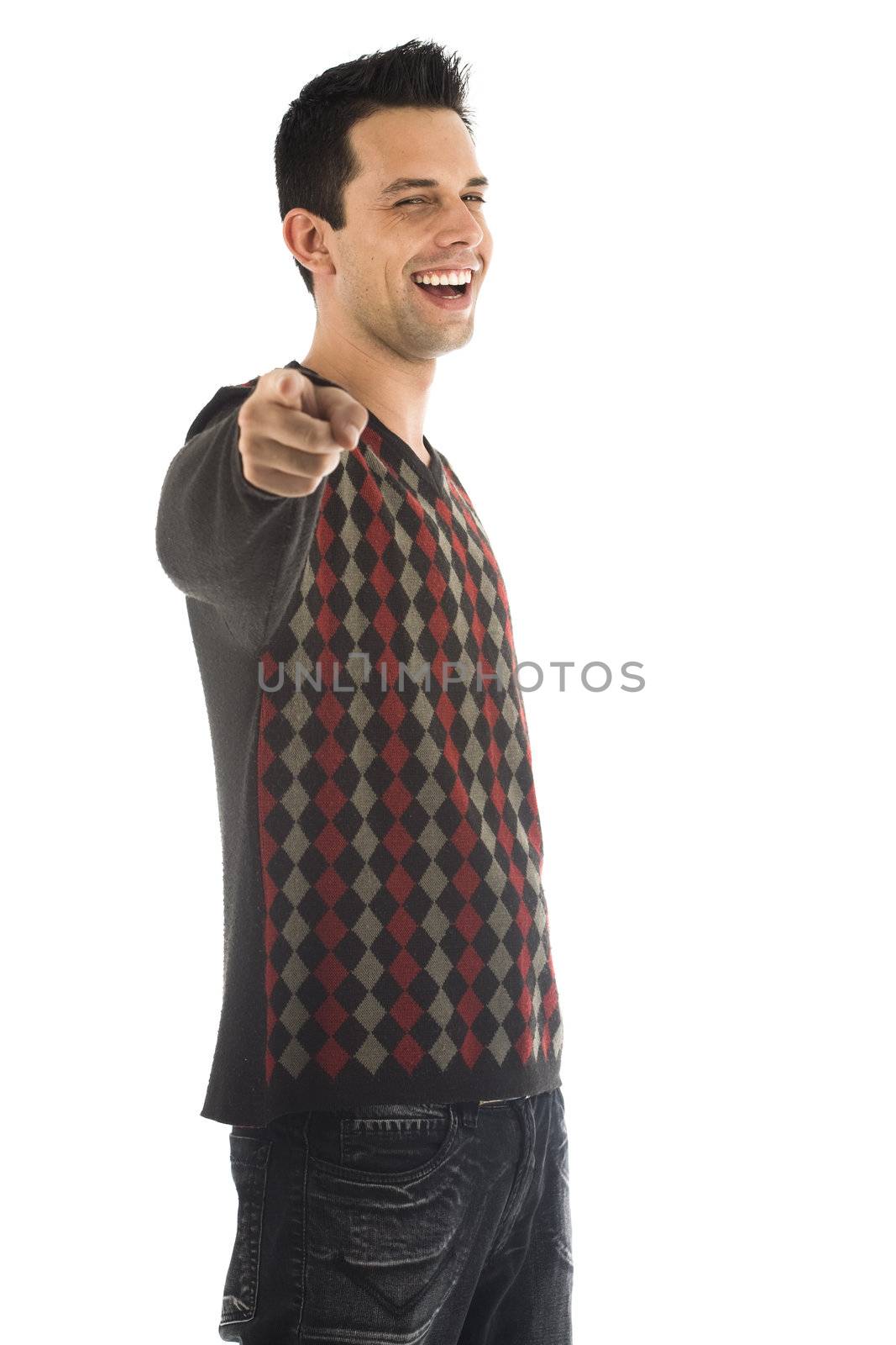 A young, caucasian model, isolated on a white background.