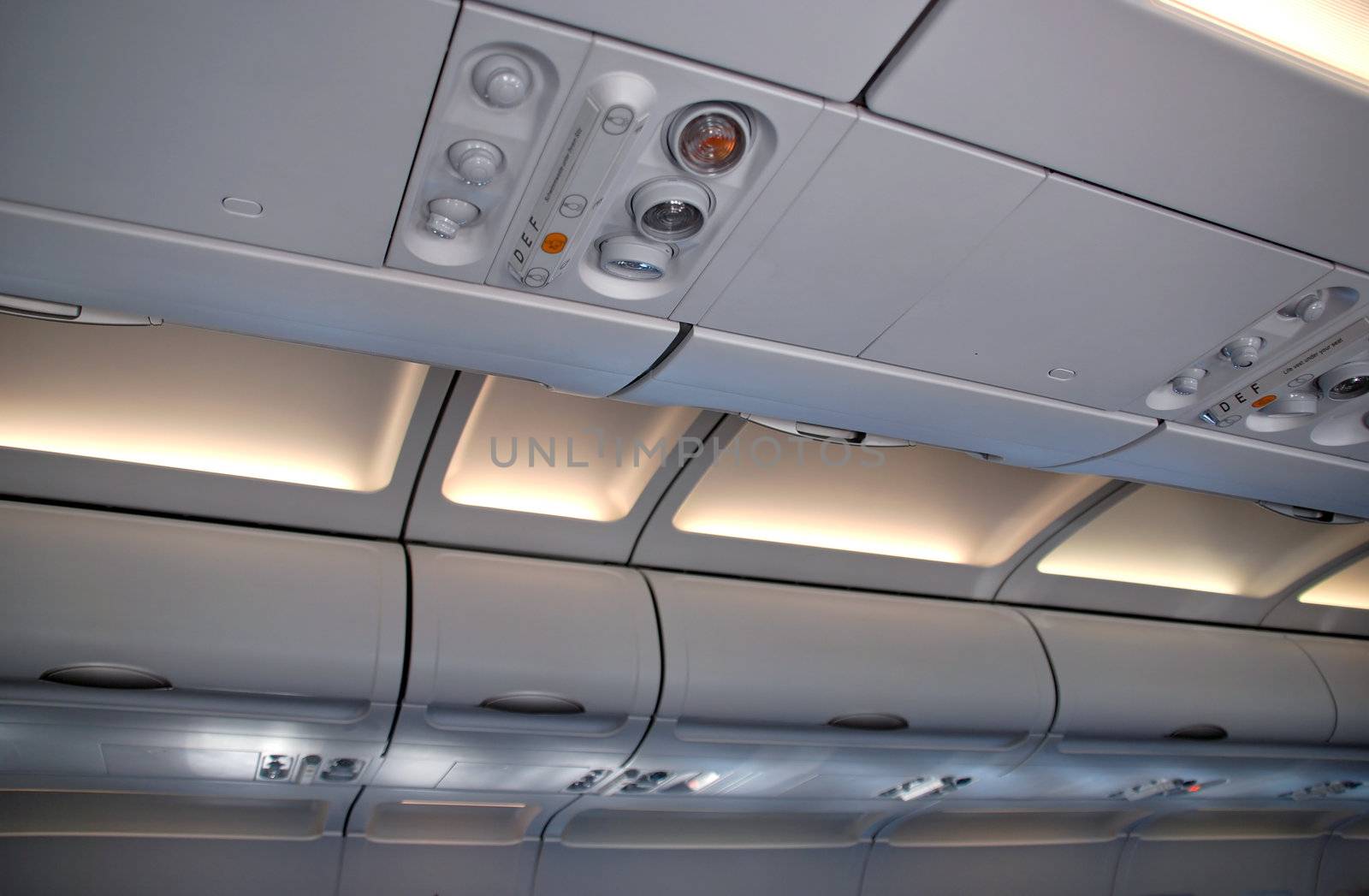 Cabin inside the aircraft, lights and signs