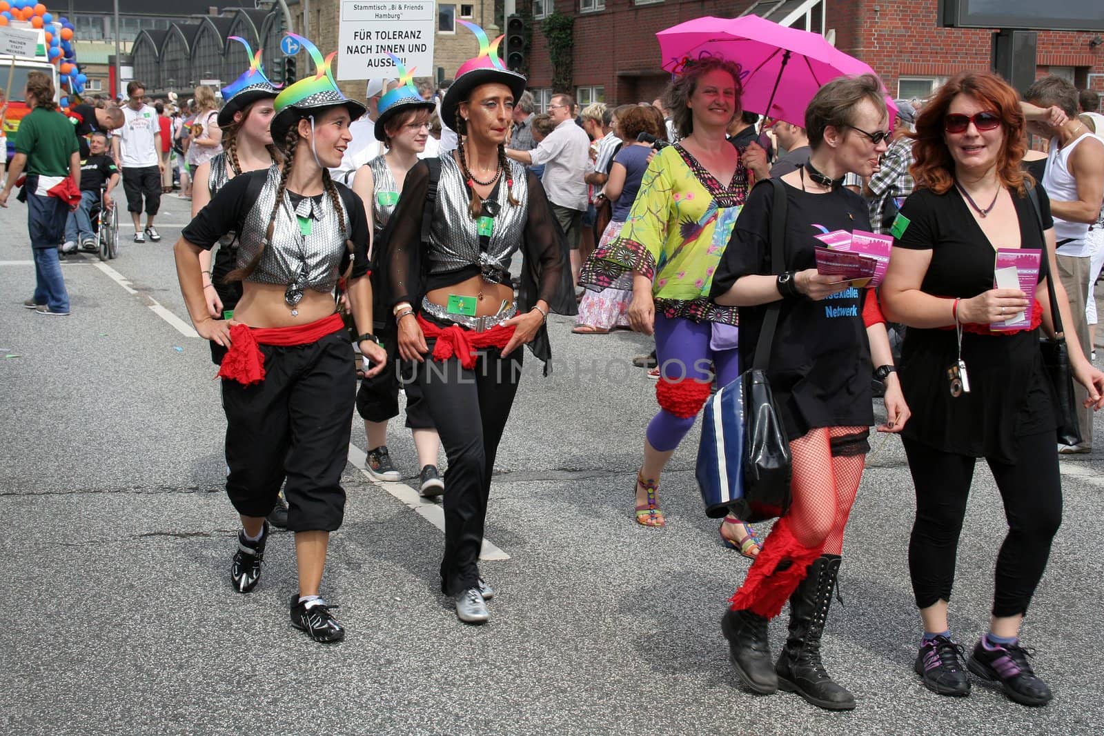 Street parade on Christopher Street Day (CSD) in Hamburg, 8th August 2009. Group of bisexual women.
