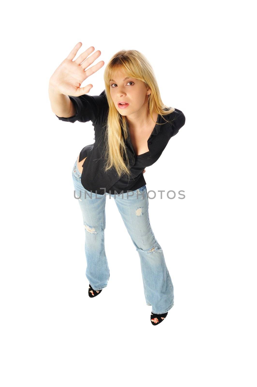 attractive young blonde woman posing on a white background