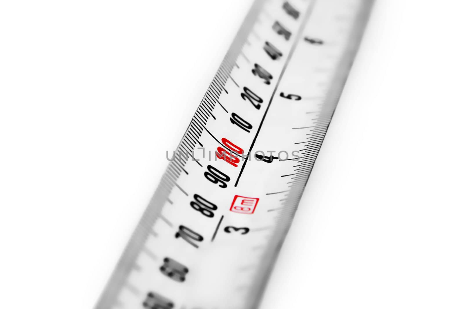 Macro shot of a tape measure against white