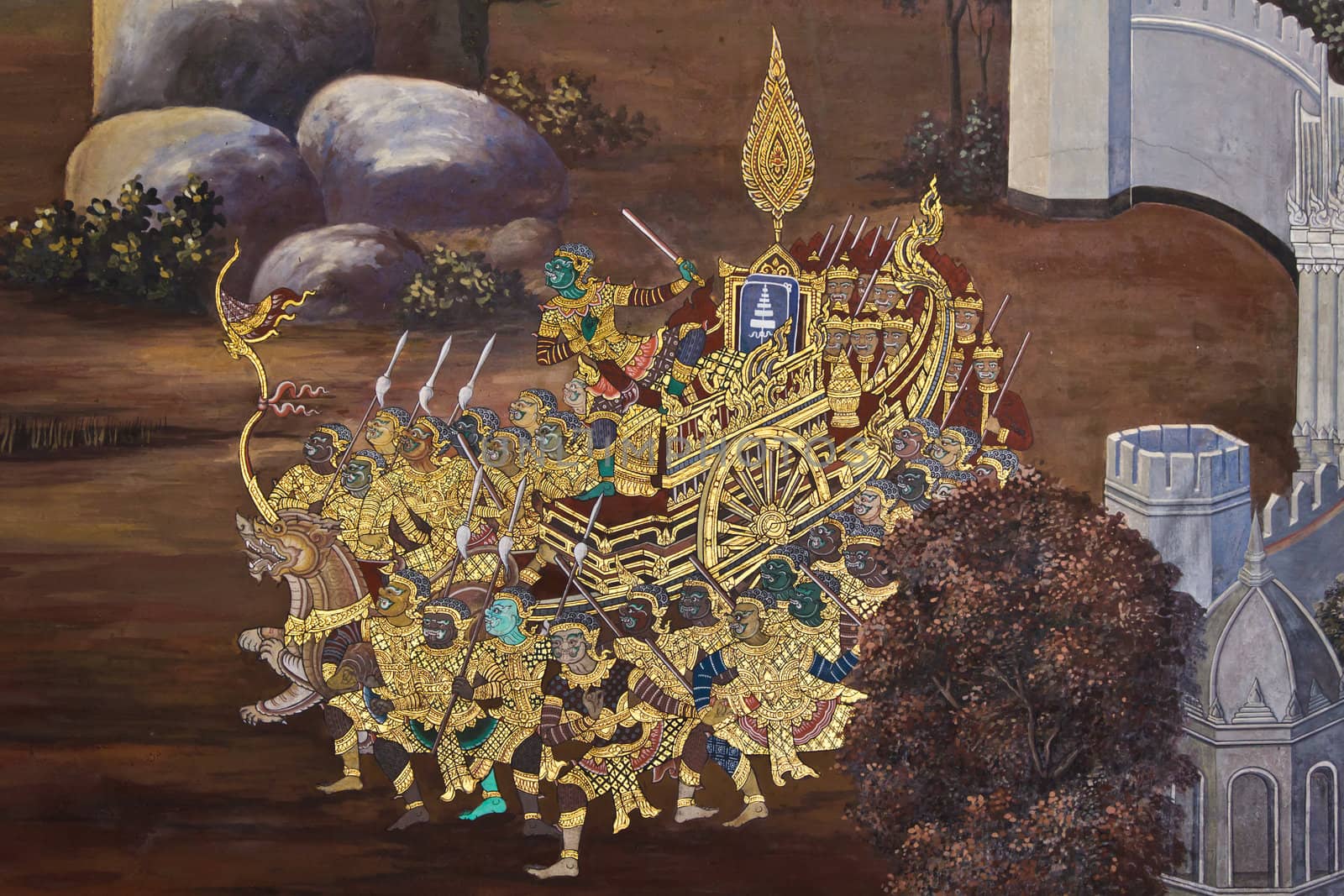 Art thai painting on wall in temple wat phra kaeo Bangkok Thailand