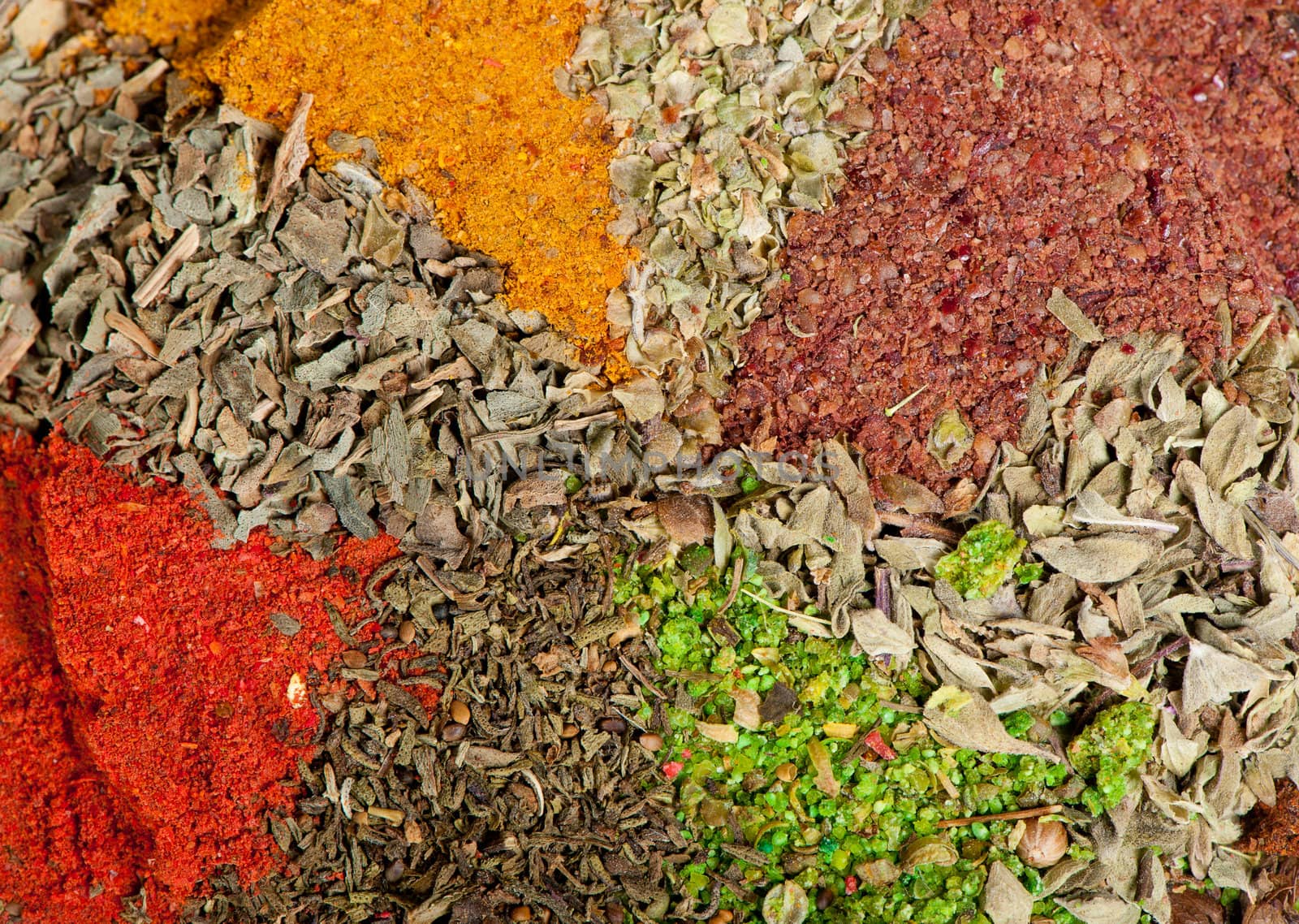 Dry spices background. A set of colour dried flavoring