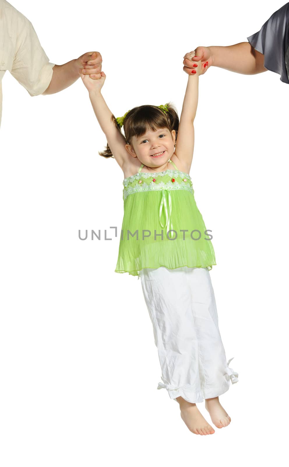 Happy pretty the little girl keeps for hands of parents. It is isolated on a white background