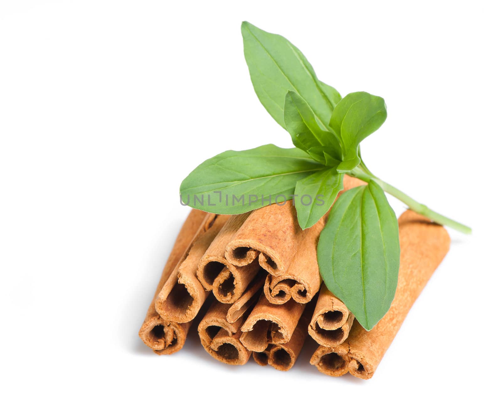 Cinnamon and green leaves. A heap of sticks of cinnamon on a white background