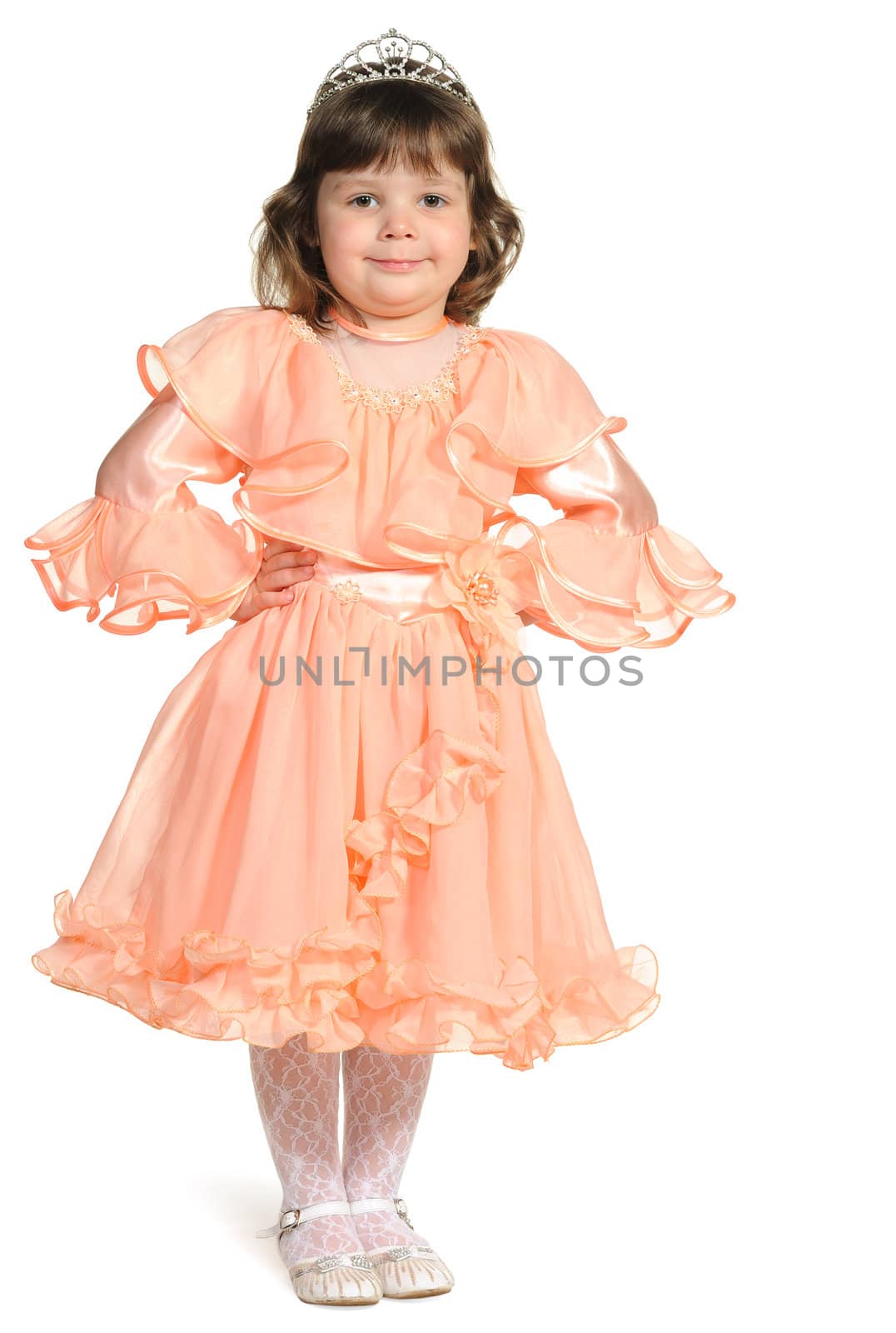 Pretty the little girl full body portrait. It is isolated on a white background