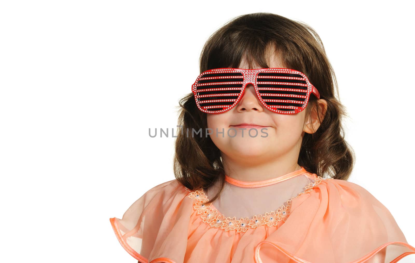 Pretty the little girl in abstract sun glasses. It is isolated on a white background