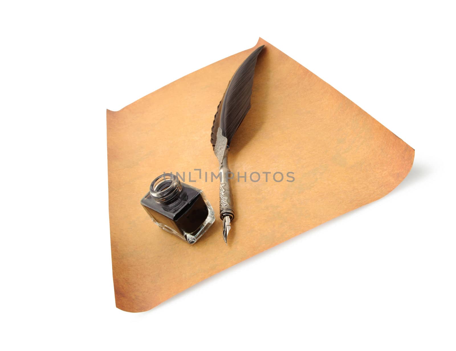 Feather quill and inkwell on an old paper. Perspective view