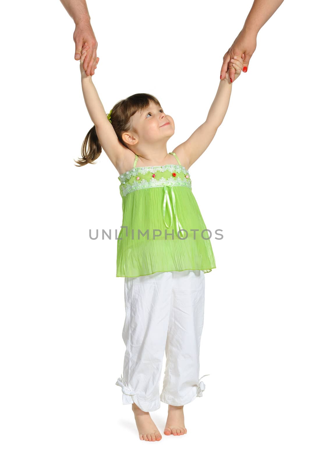 Happy pretty the little girl keeps for hands of parents. It is isolated on a white background