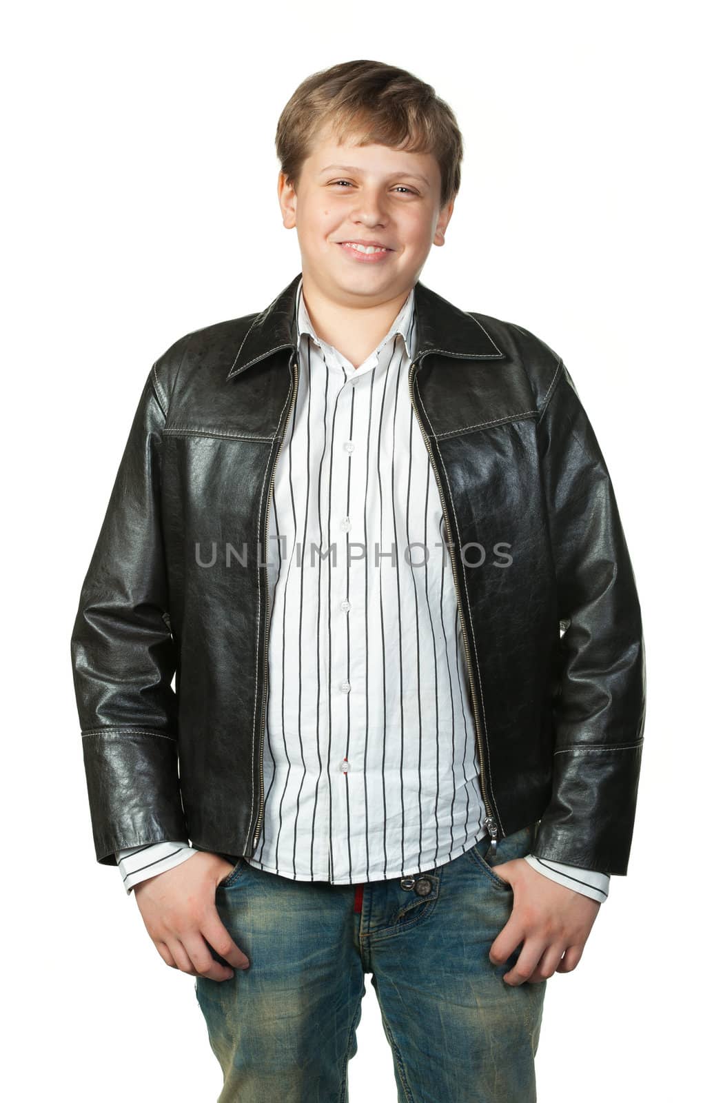 Portrait of the teenager in a leather jacket. It is isolated on a white background