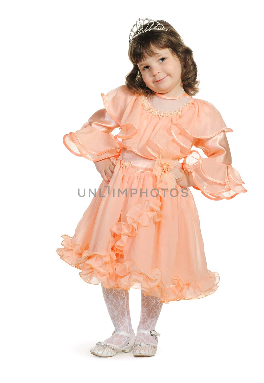 Pretty the little girl full body portrait. It is isolated on a white background