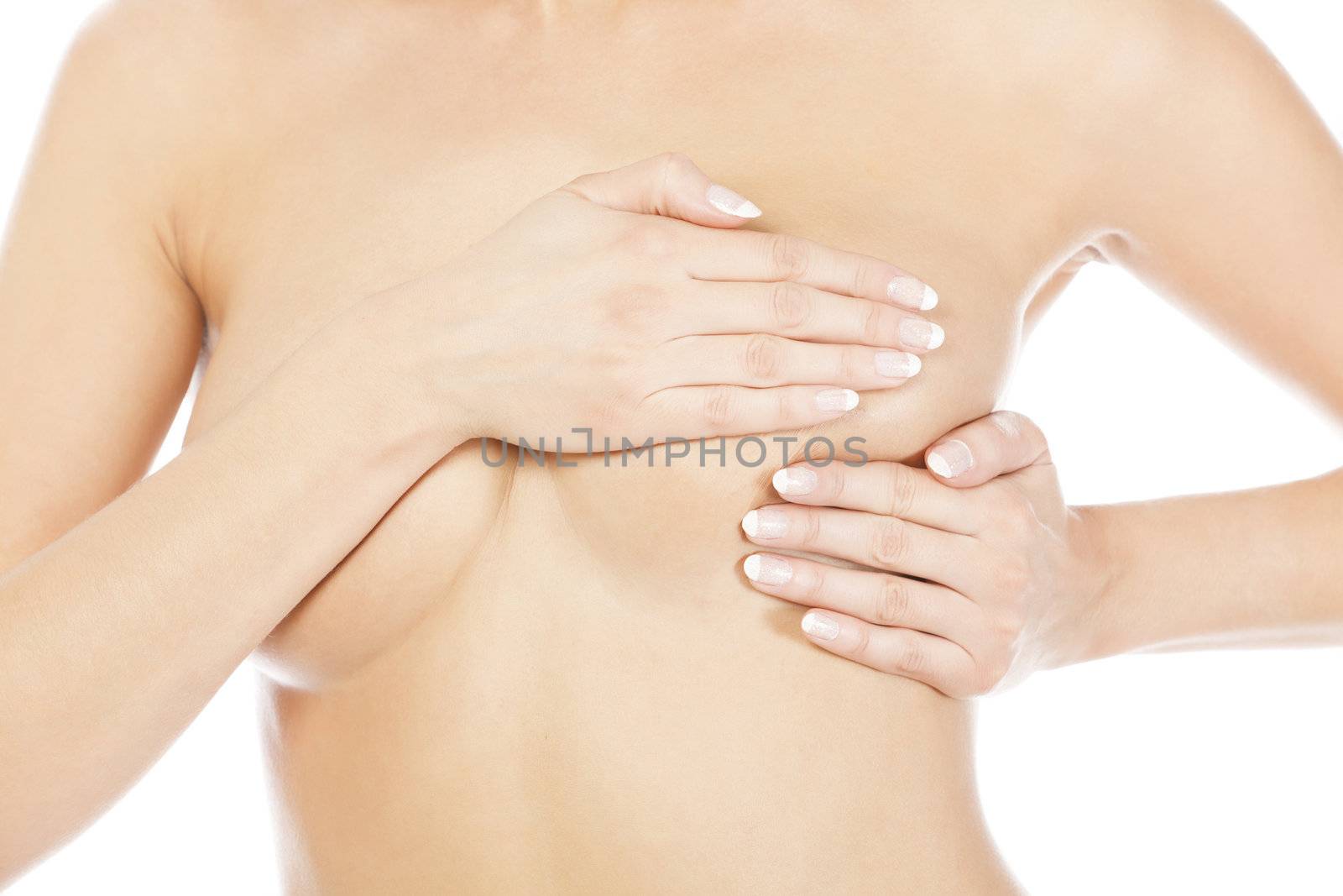 Breast cancer, woman holding her breast, isolated on white background