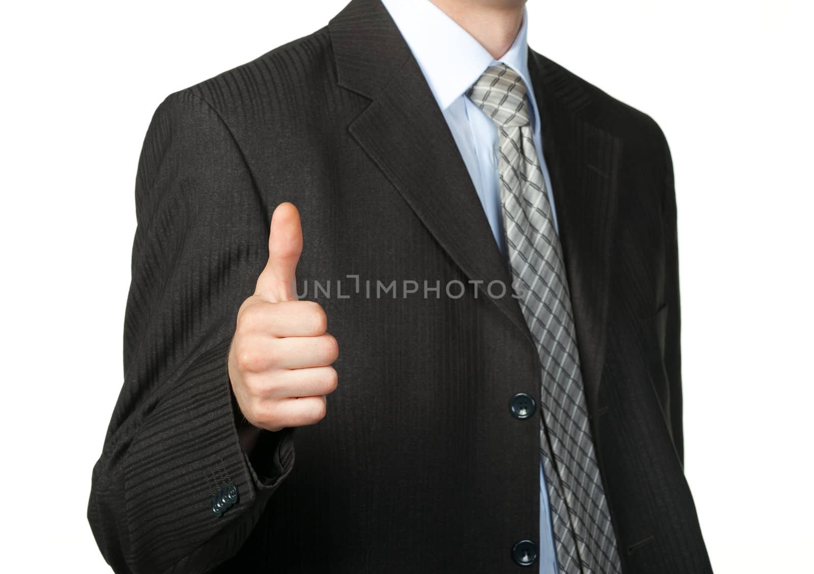 A photo of a hand doing a thumb up gesture. Isolated on white