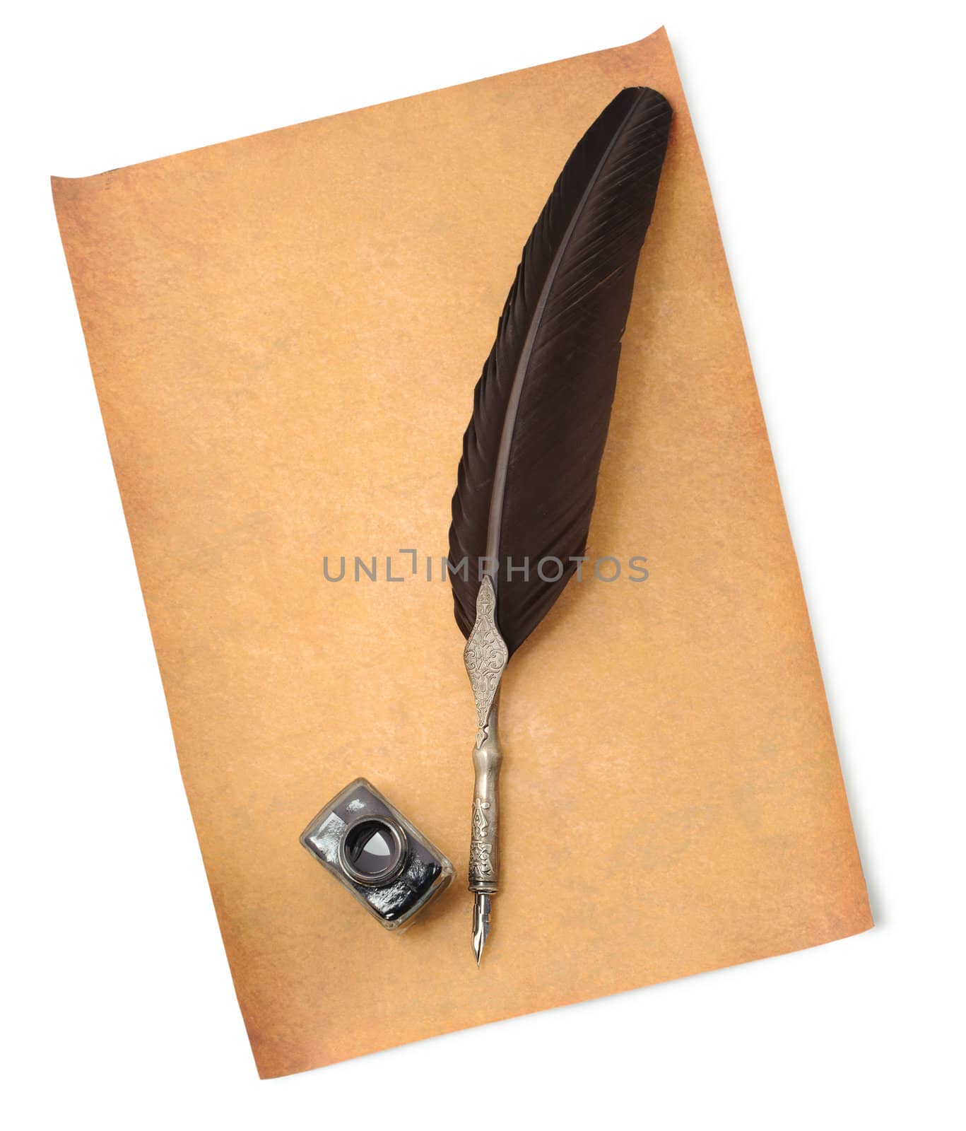 Feather quill and inkwell on an old paper.Isolated on white