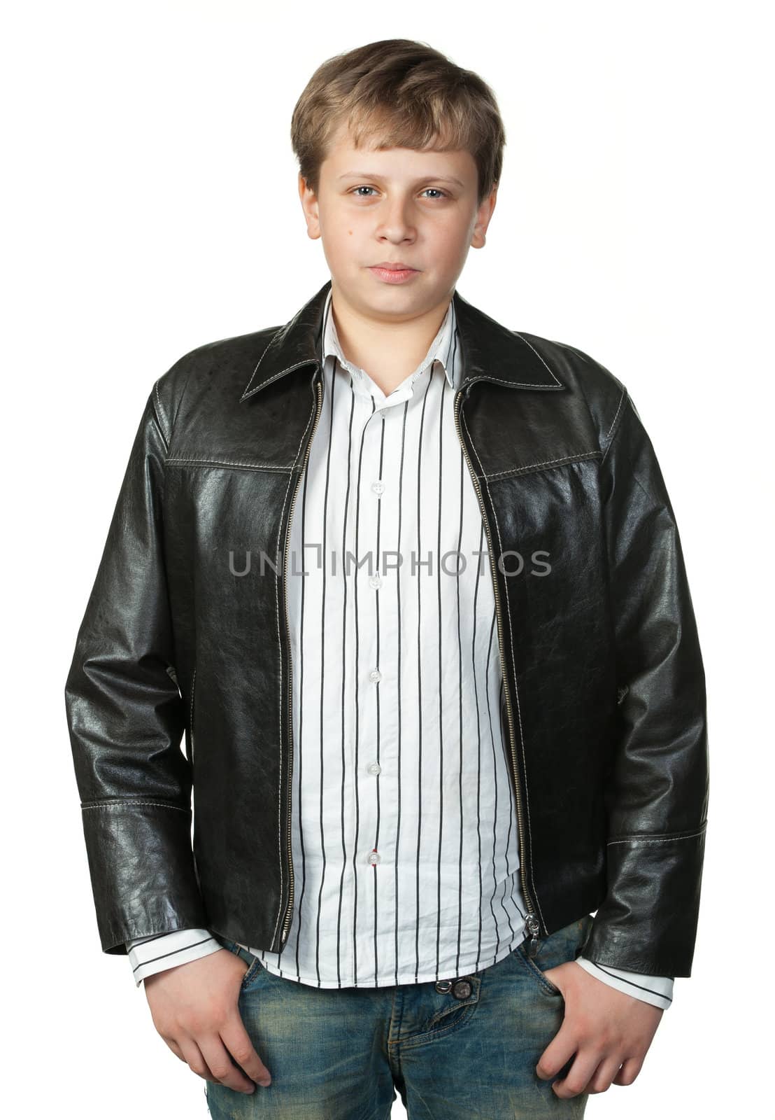 Portrait of the teenager in a leather jacket. It is isolated on a white background