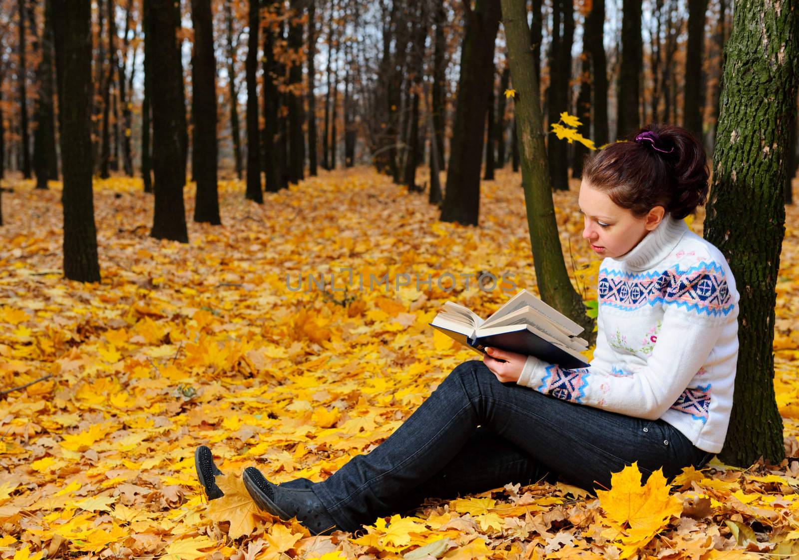 The attractive woman reads the book in autumn forest.