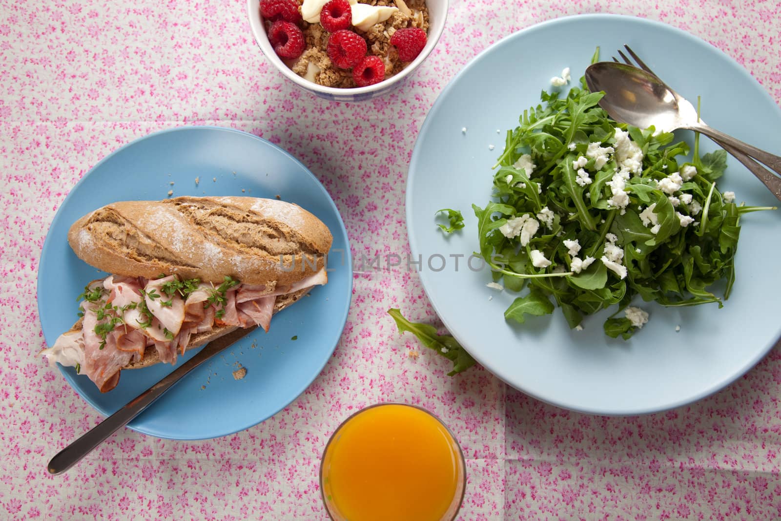 Delicious and healthy lunch with sandwich, salad and yogurt