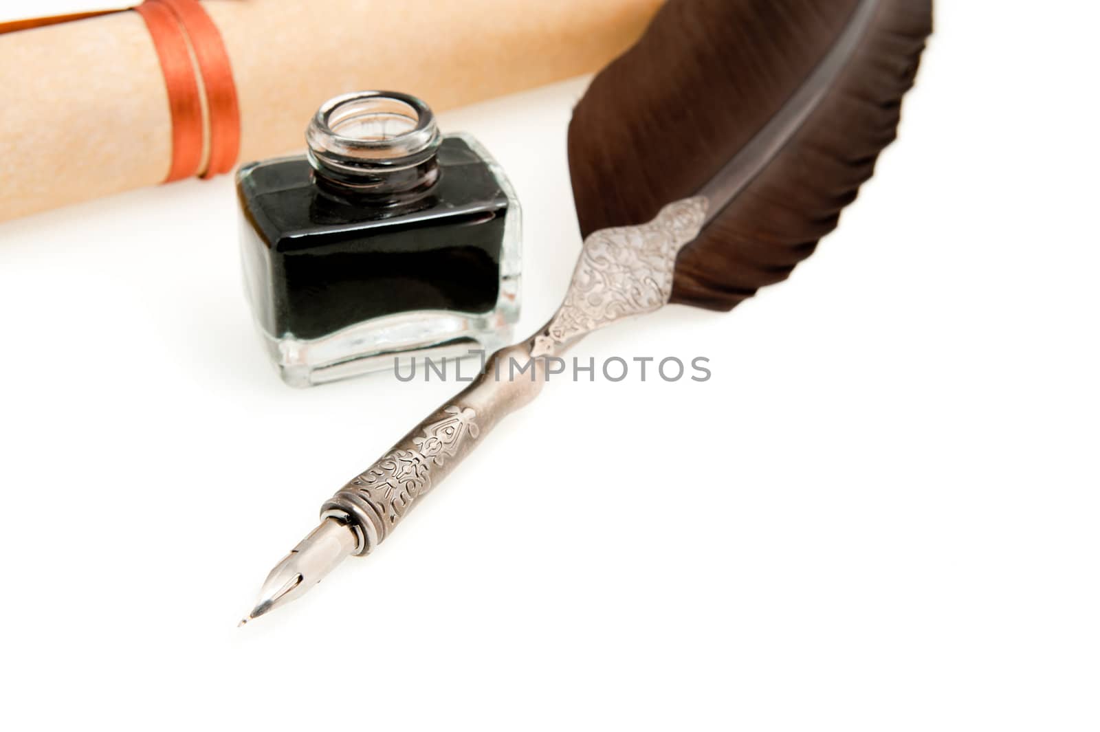 Feather quill ,inkwell and parchment roll by galdzer