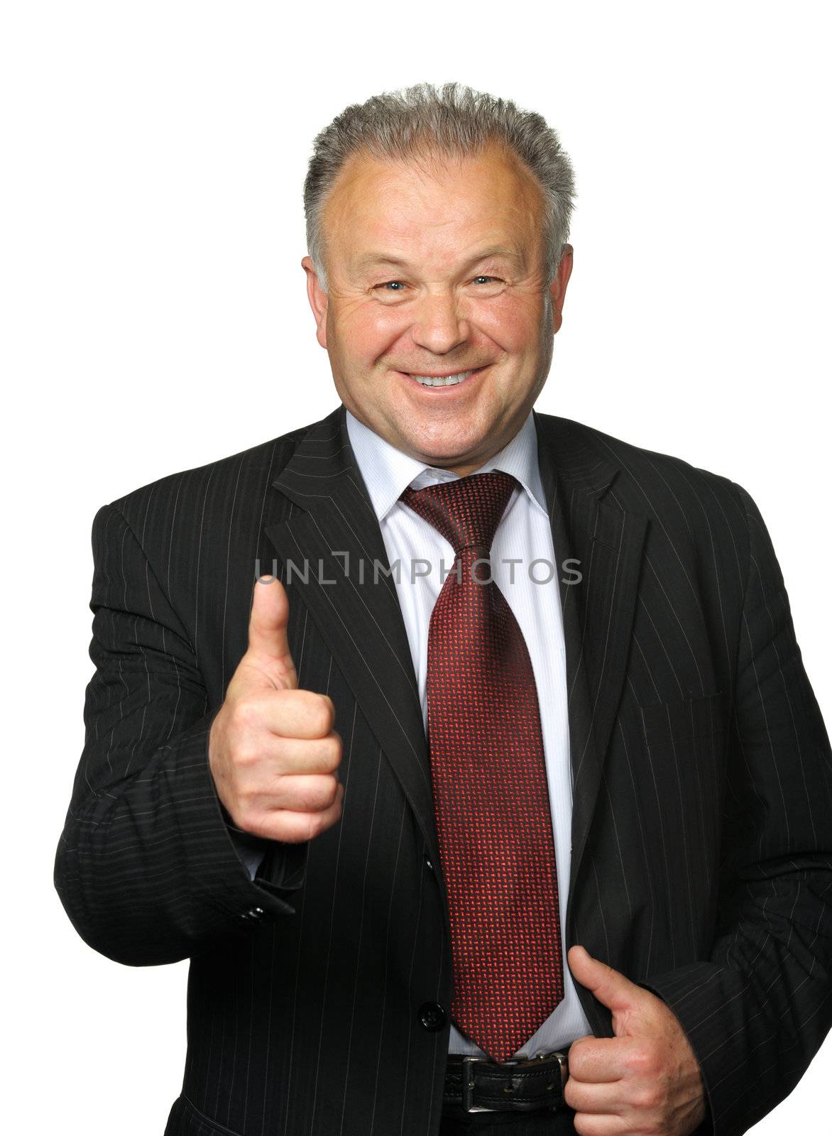 The elderly man with a thumb upwards. Sign OK. It is isolated on a white background