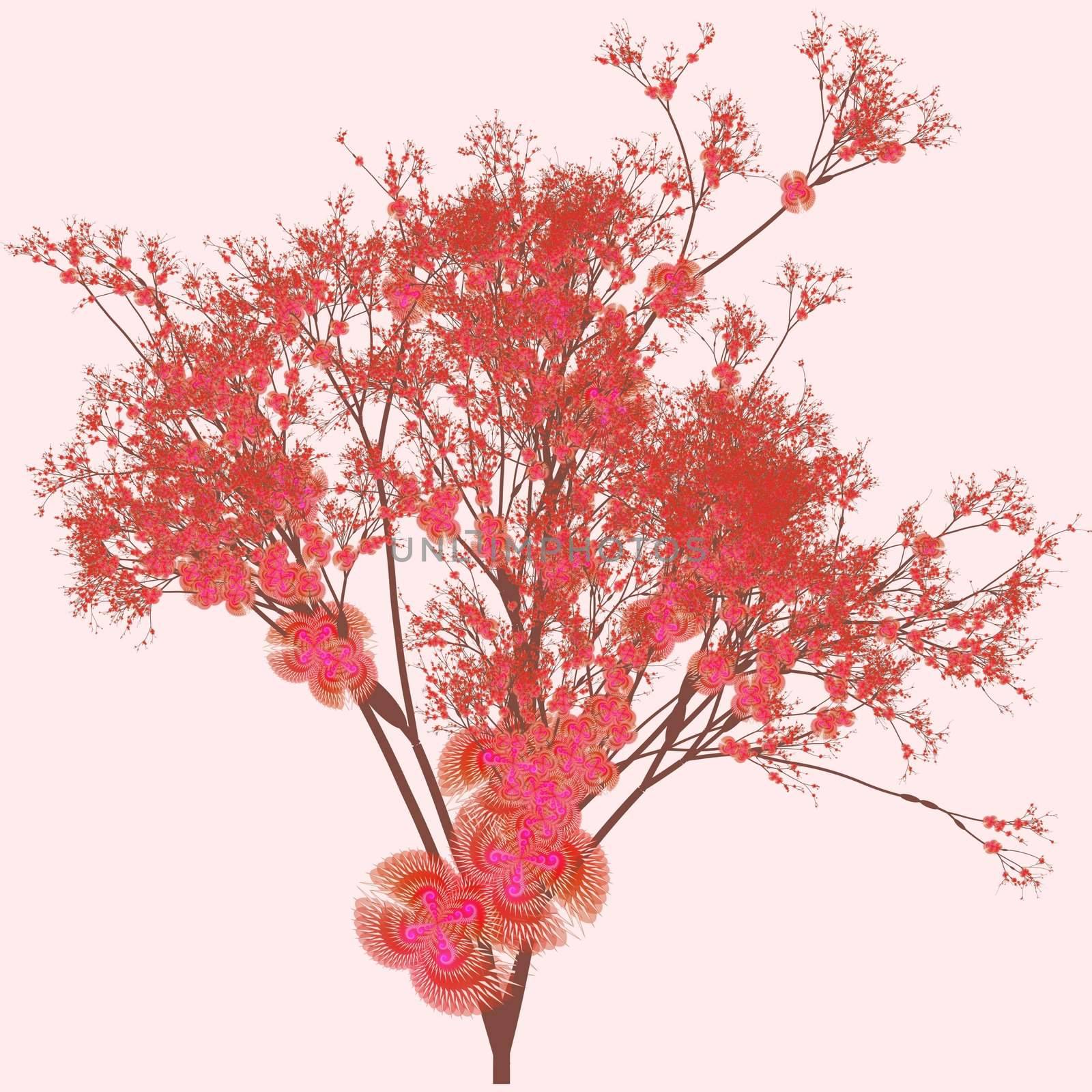 Cherry Tree Art Asian Style Illustration on Pink